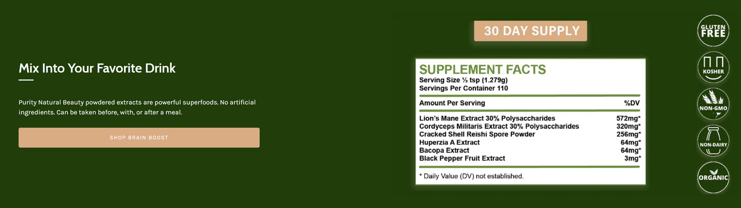 Purity Natural Beauty - Brain Boost Nootropics Powder