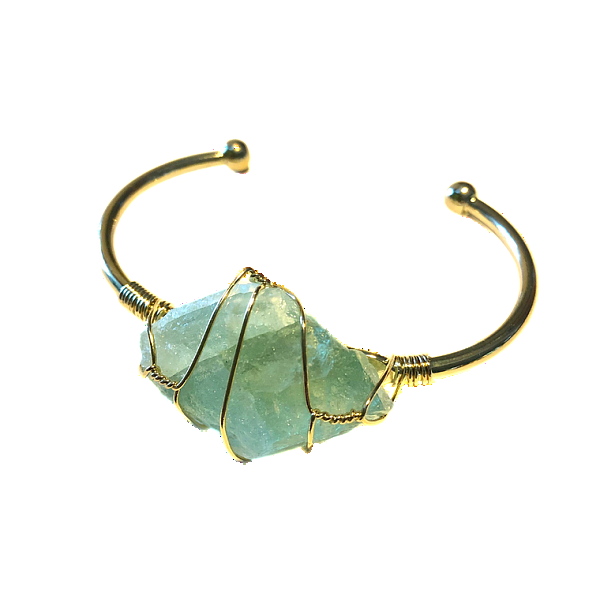 Green Fluorite Rough Gemstone Gold Bangle Cuff Bracelet