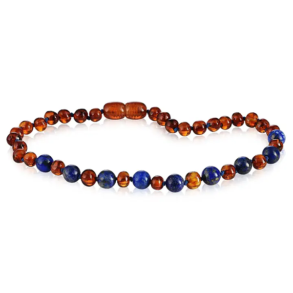 Lapis Lazuli & Cognac Amber Necklace, 12-13" Child Size