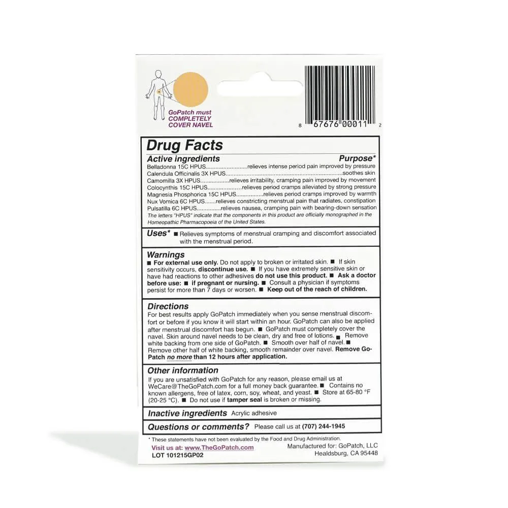 GoPatch Menstrual Cramps Natural Relief Homeopathic Patch Pack of 5