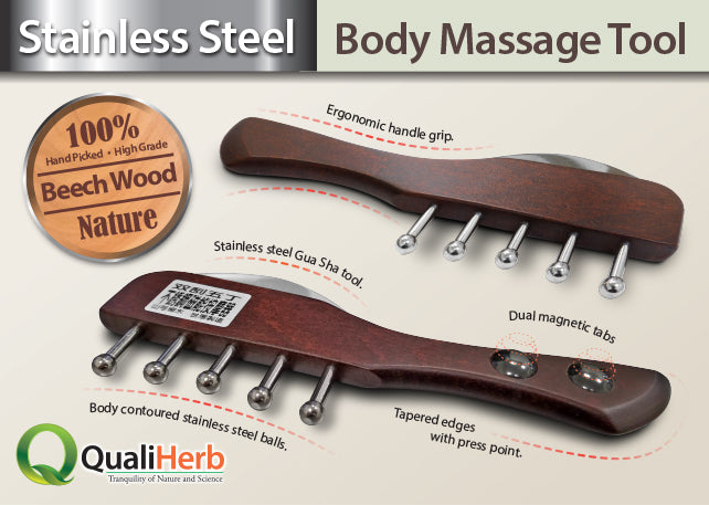 Gua Sha & Body Massage Multi-purpose Tool (stainless steel, Beech wood, magnetic energy)