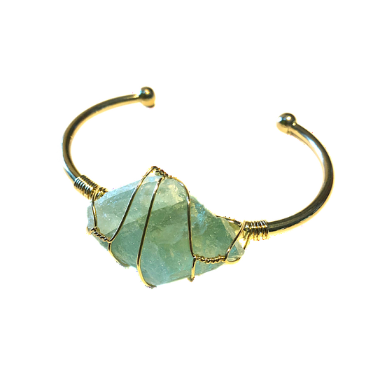 Green Fluorite Rough Gemstone Gold Bangle Cuff Bracelet