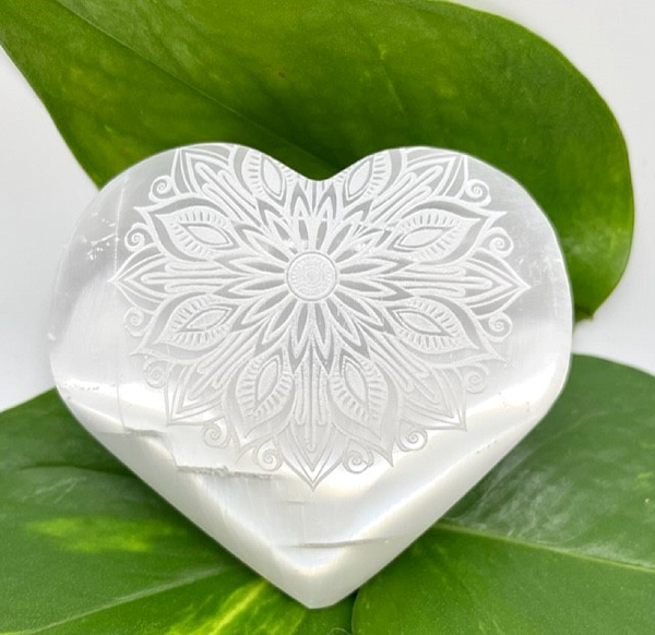 Selenite Heart Laser Engraved Mandala #1
