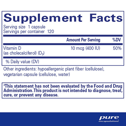 Vitamin D3, 10mcg (400 i.u.) (120 capsules) - Image 2